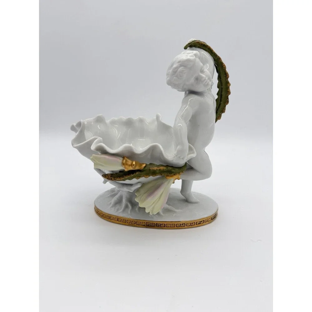 Antique Moore Bros White/Gold Trim Orchid Porcelain Putti Cherub Bowl Sculpture